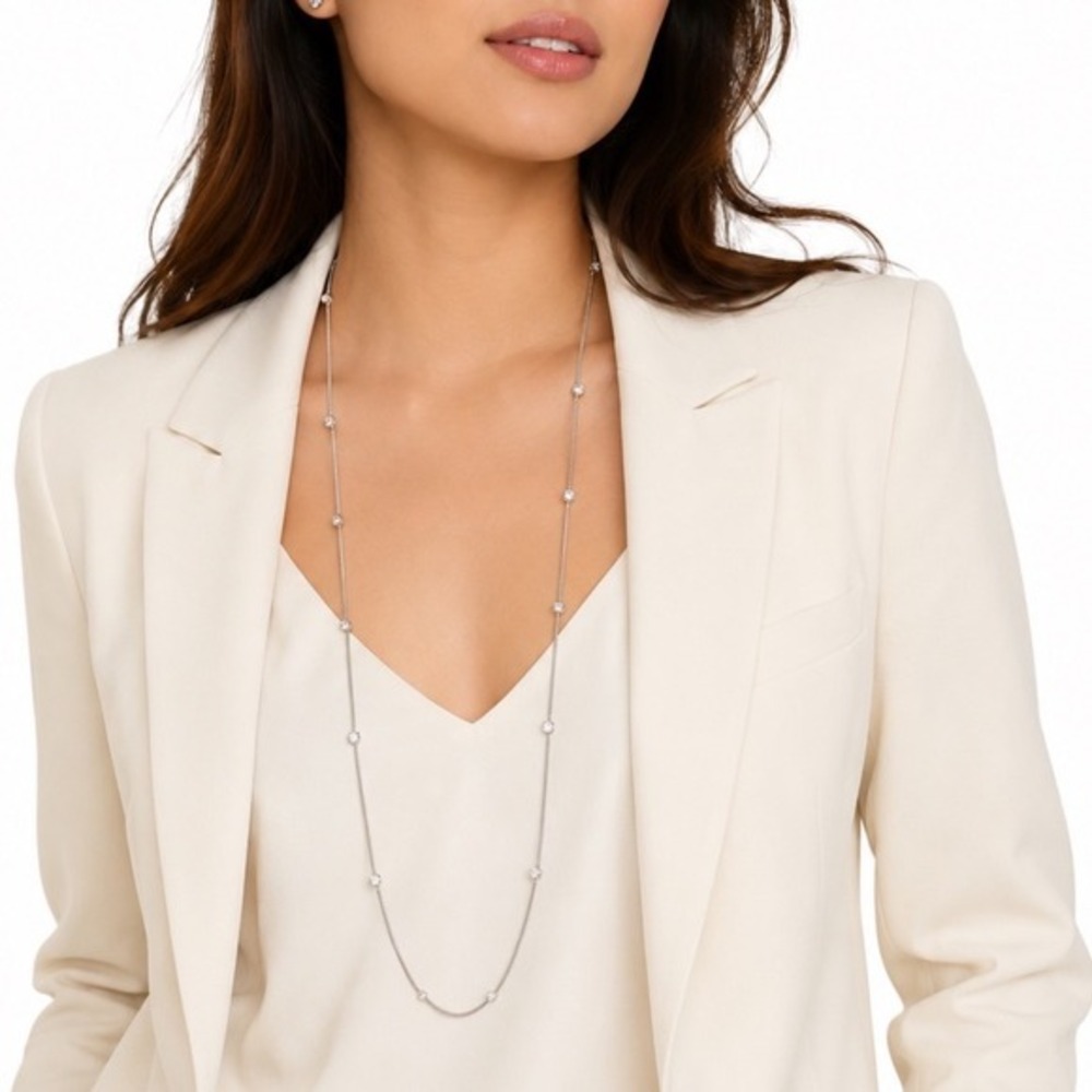Ann Taylor Silver Tone Snake Chain Long Necklace with Clear Crystal Accents J-01